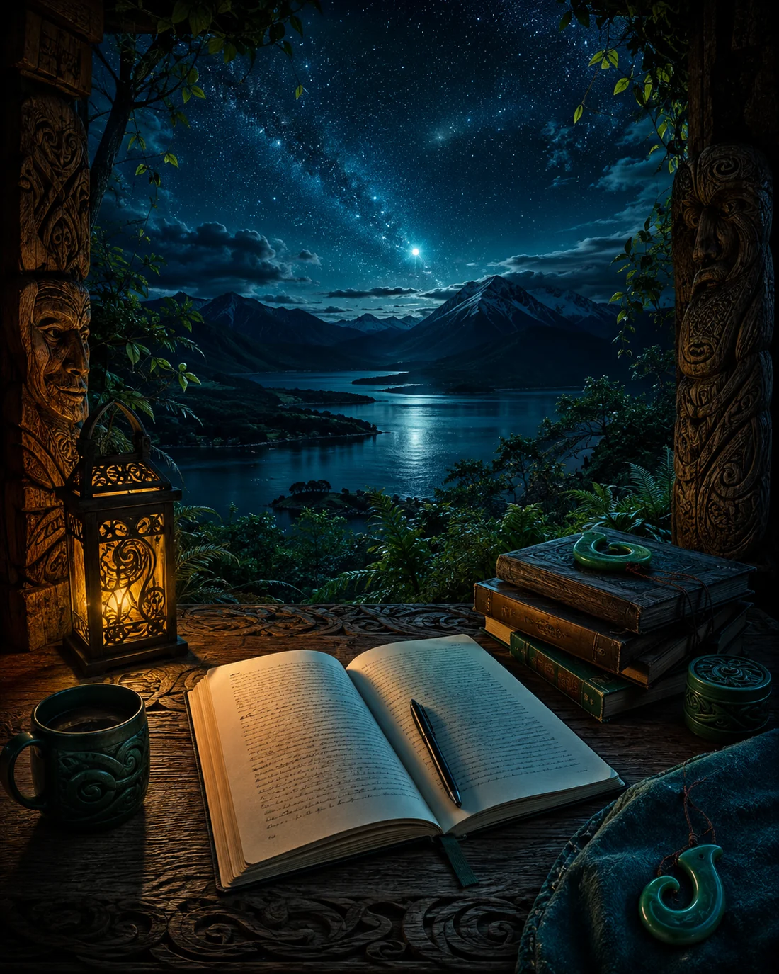 A journal and writing desk overlooking a moonlit Aotearoa landscape