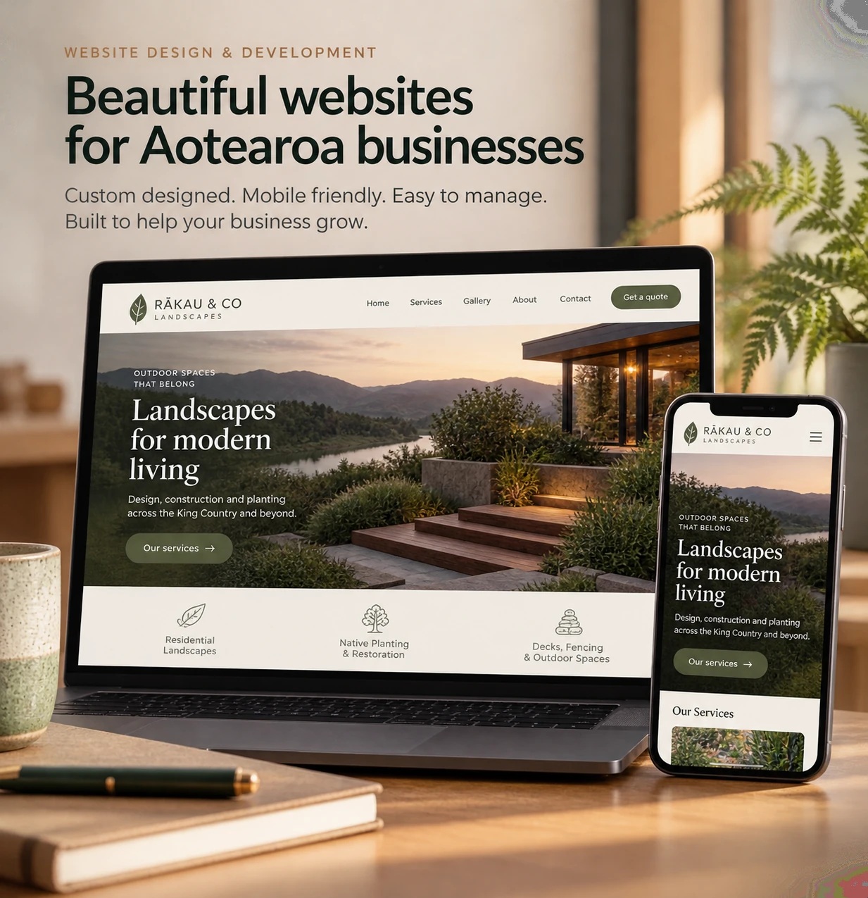 Illustrative landscaping business website on a laptop and mobile phone, using an earthy olive and cream colour palette