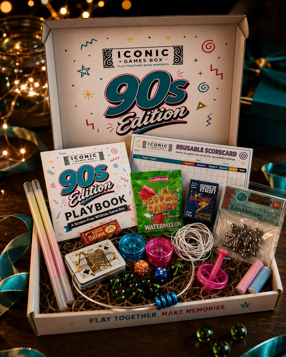 The Iconic Games Box 90s Edition open, showing the playbook and nostalgic games