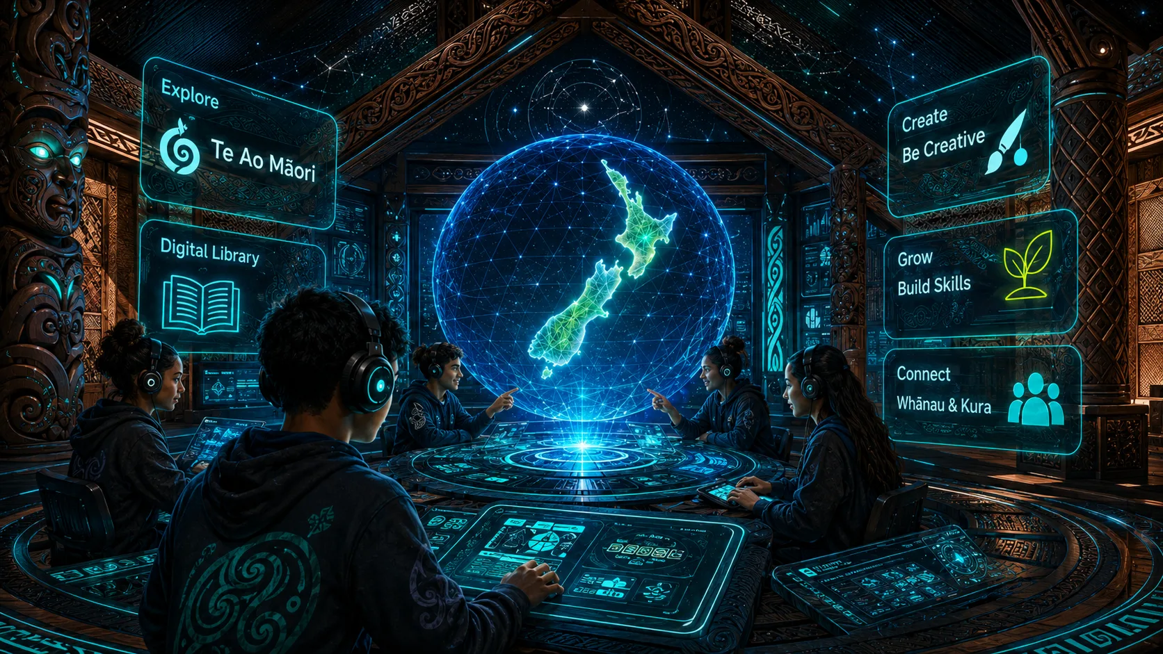 Rangatahi learning together around a glowing hologram of Aotearoa inside a futuristic wharenui