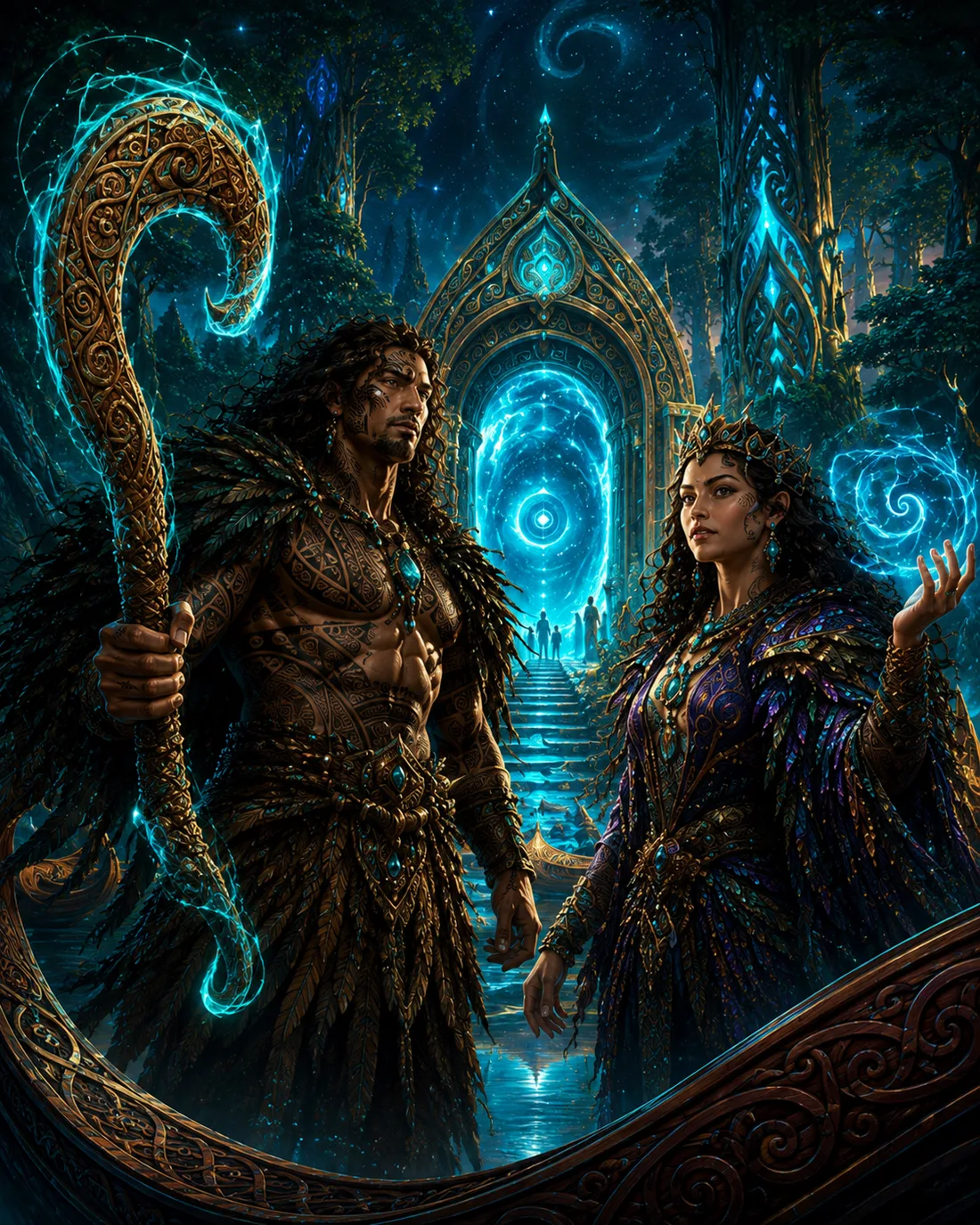 Māui and Hinengaro standing before a glowing portal in the world of Mīharo
