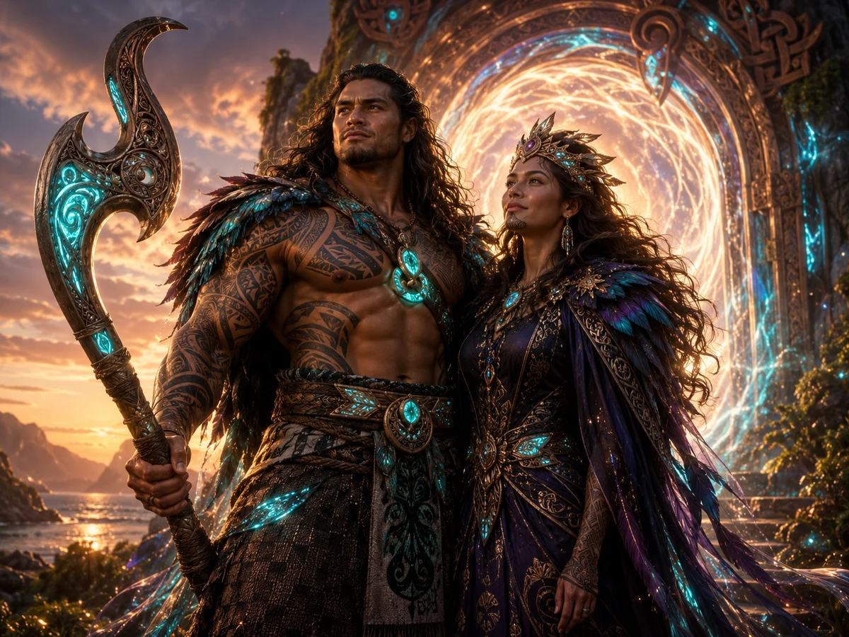 Two Māori warriors stand before a glowing portal — Mīharo character art