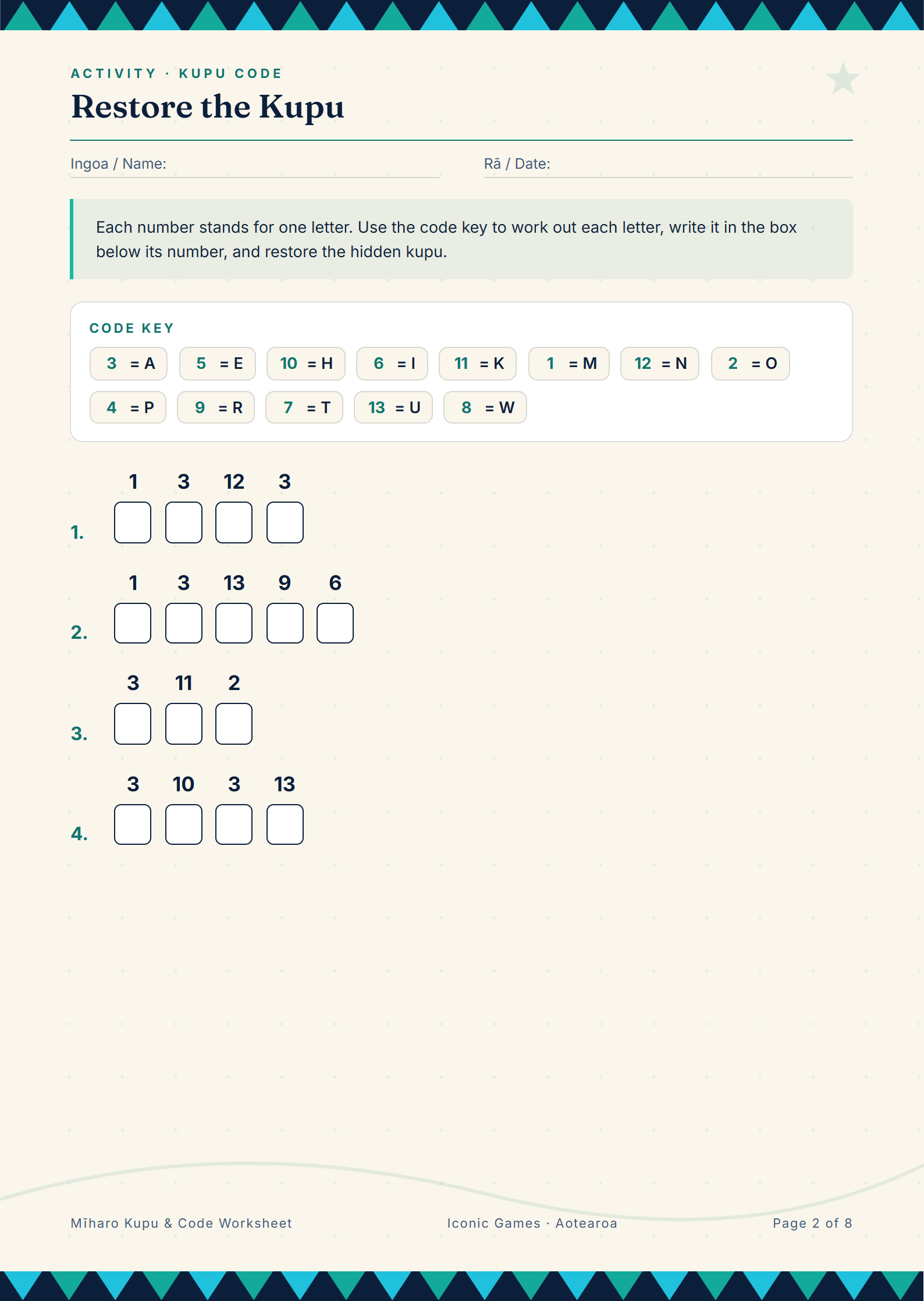 Mīharo Kupu & Code Worksheet — preview of page 2