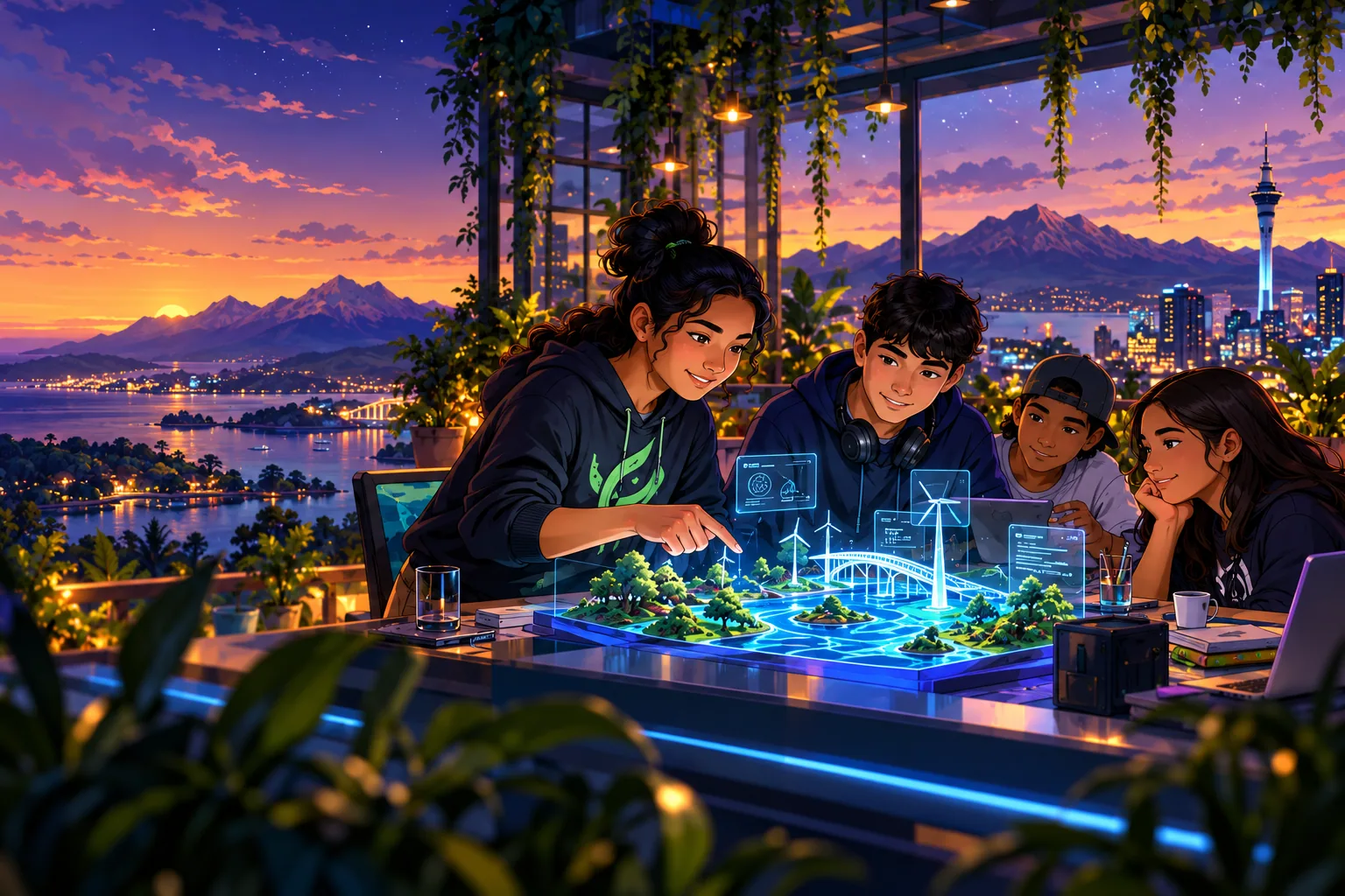 Young teens designing a holographic prototype in an Aotearoa rooftop studio.