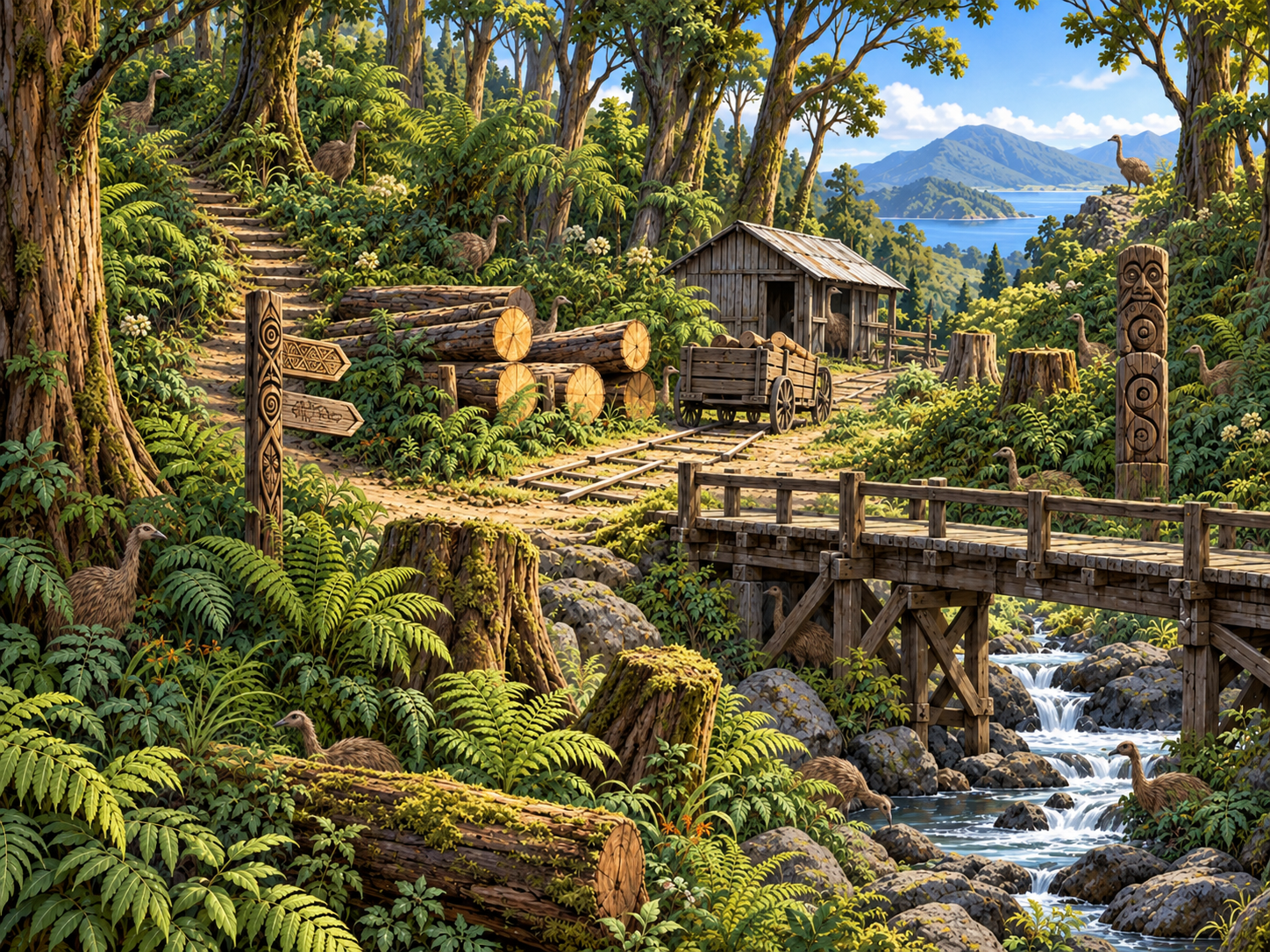 Illustrated historical Aotearoa timber trail with fifteen moa hidden throughout the bush, logs, hut, cart, bridge and stream