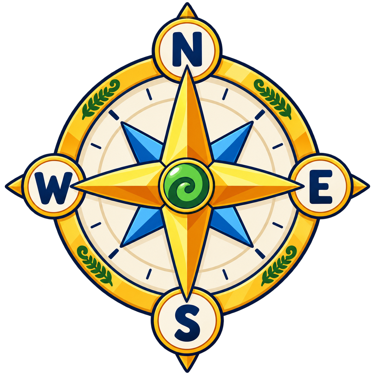 Compass rose showing north, east, south and west.