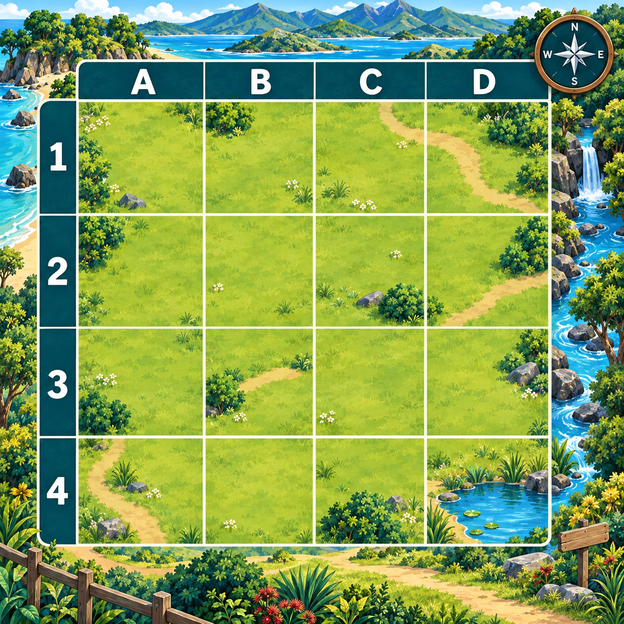 Illustrated four by four grassy local-history map with columns A to D and rows 1 to 4.