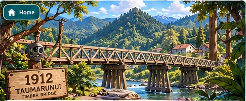 Illustrated 1912 timber bridge in a local-history landscape.