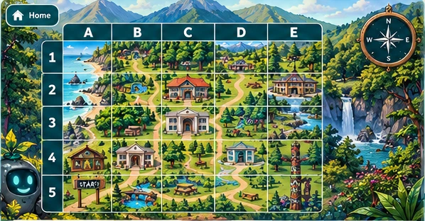 Illustrated five-by-five local map used as inspiration for planning a learner-created grid map.