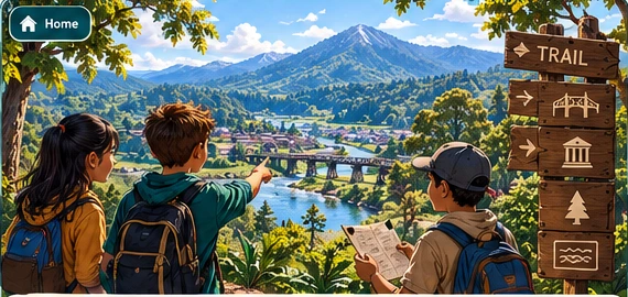 Learners looking across a local history trail towards a bridge and town.