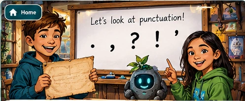 Illustrated punctuation workshop showing a full stop, comma, question mark, exclamation mark and apostrophe.