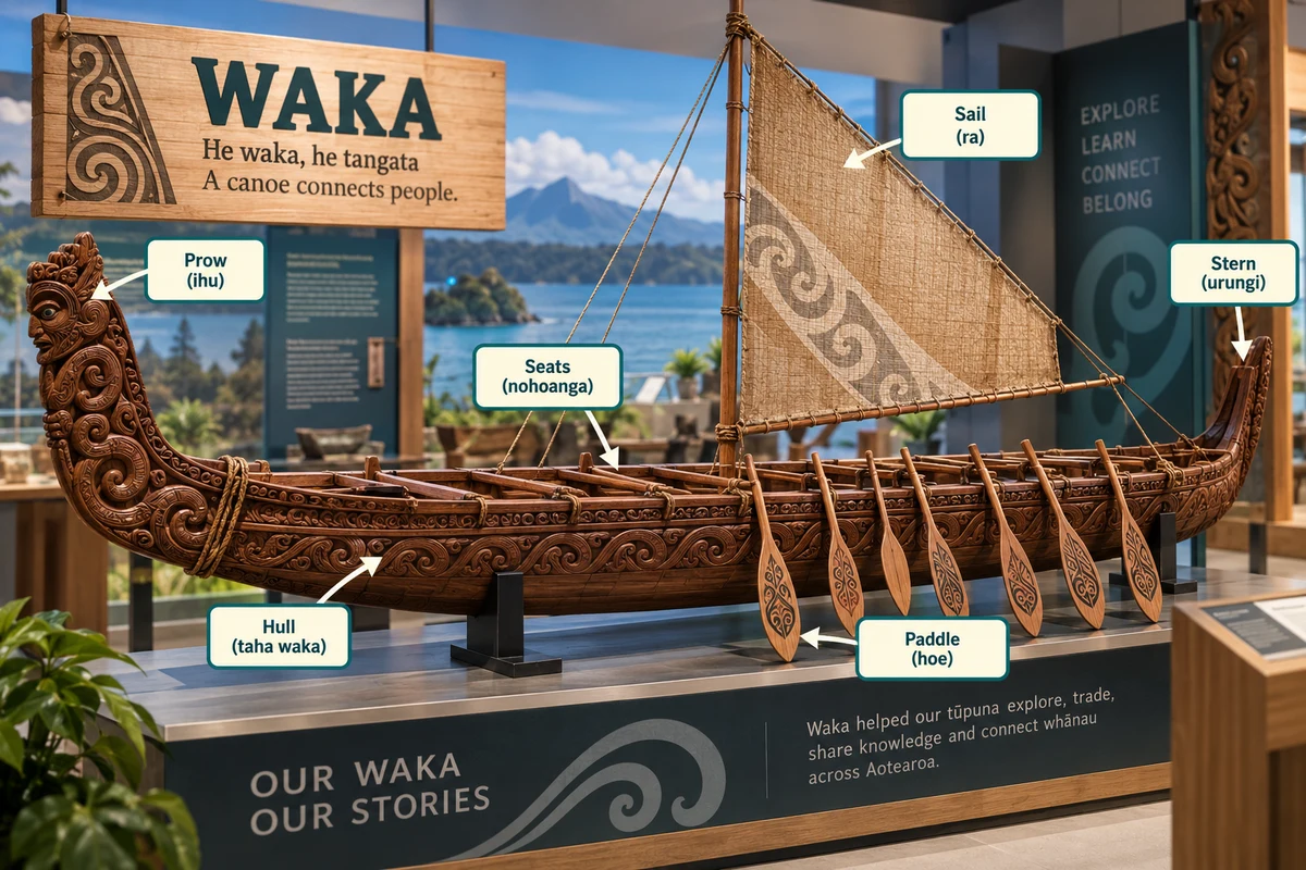 Labelled museum waka model showing the prow, stern, hull and paddle.