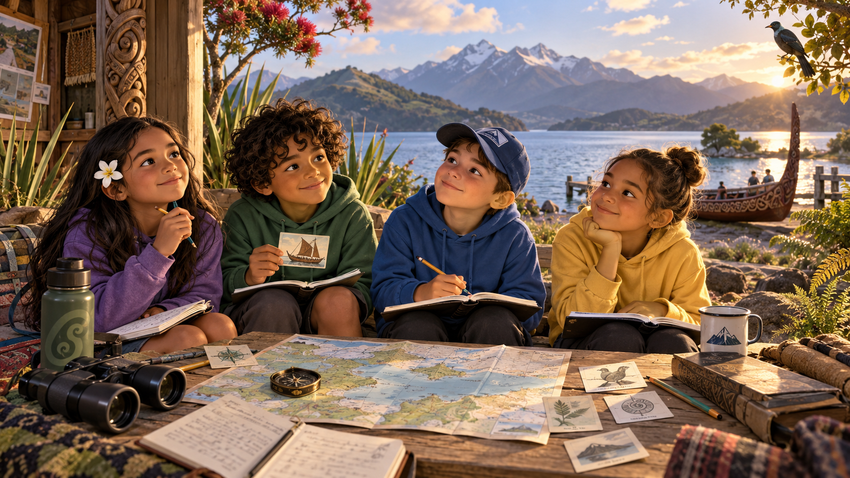 Four Year 4 learners reflecting together beside an Aotearoa lake with notebooks, maps and navigation clues.