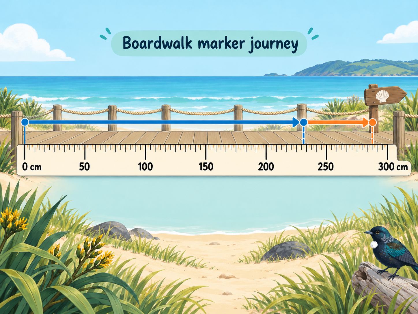 A coastal boardwalk marker journey shown with a clear measurement scale