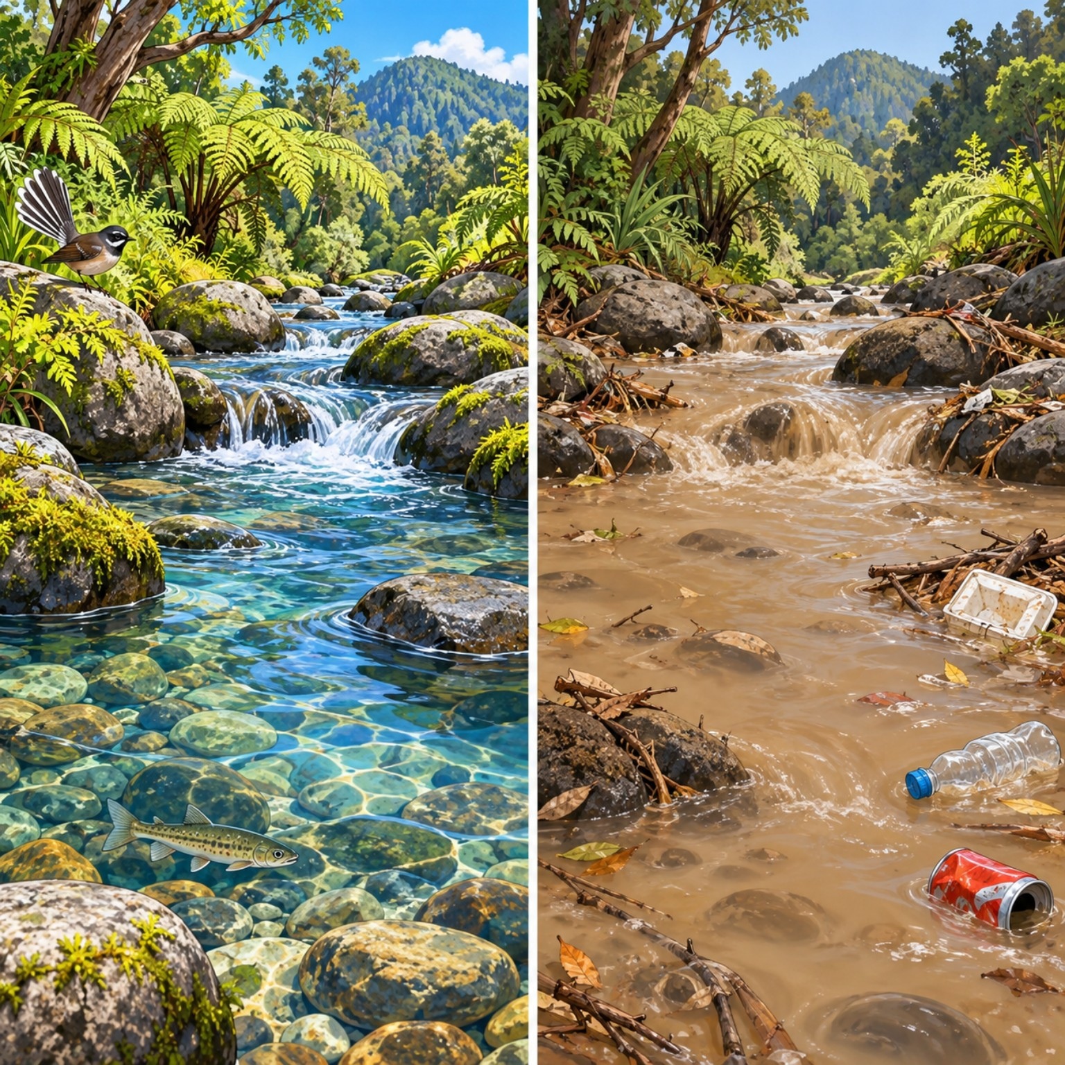 Clean stream and polluted stream