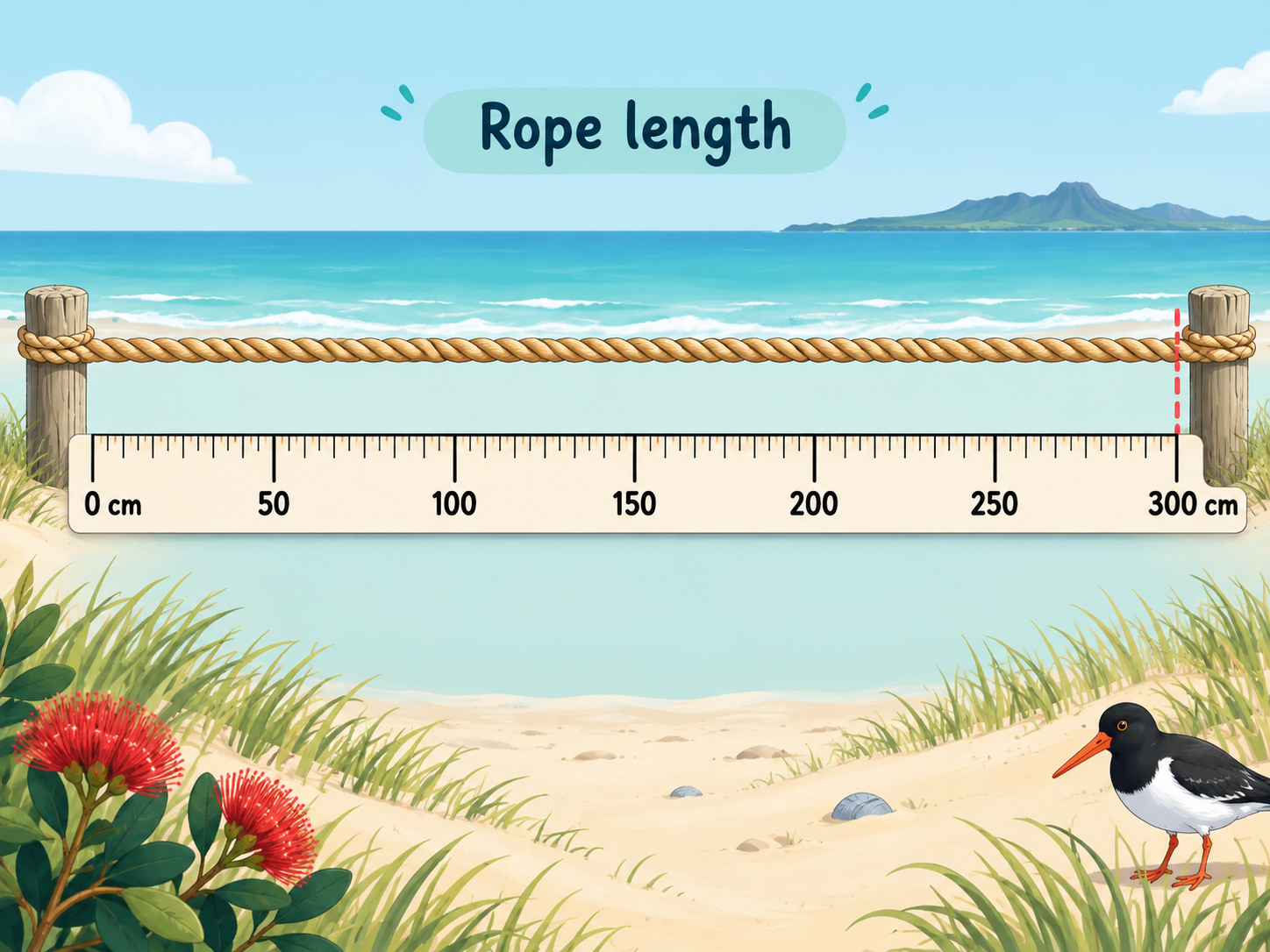A dune-protection rope shown with a clear measurement scale underneath