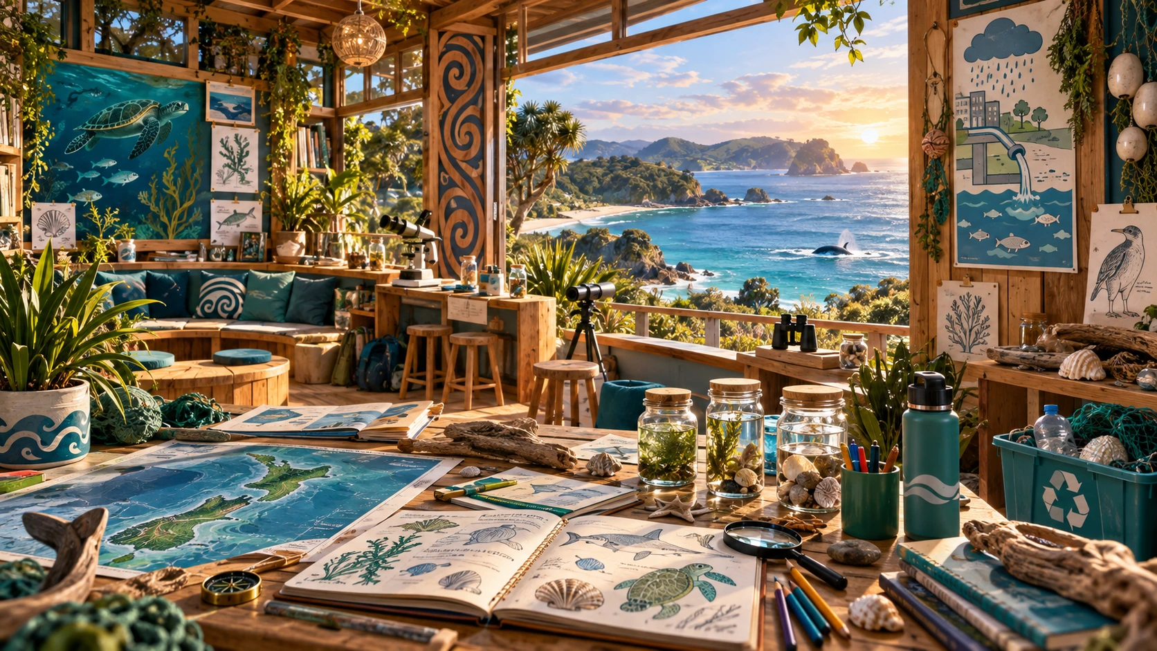 Protect Our Moana learning studio overlooking the coast, with reef, pollution and restoration resources