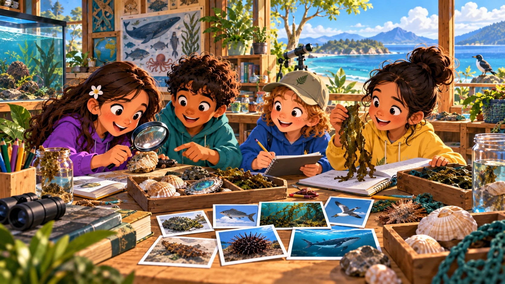 Year 4 learners investigating marine vocabulary at an Aotearoa coastal learning station.