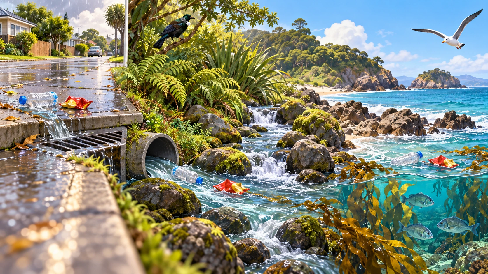 Illustrated cause-and-effect pathway showing litter moving from land through stormwater and waterways to the moana.
