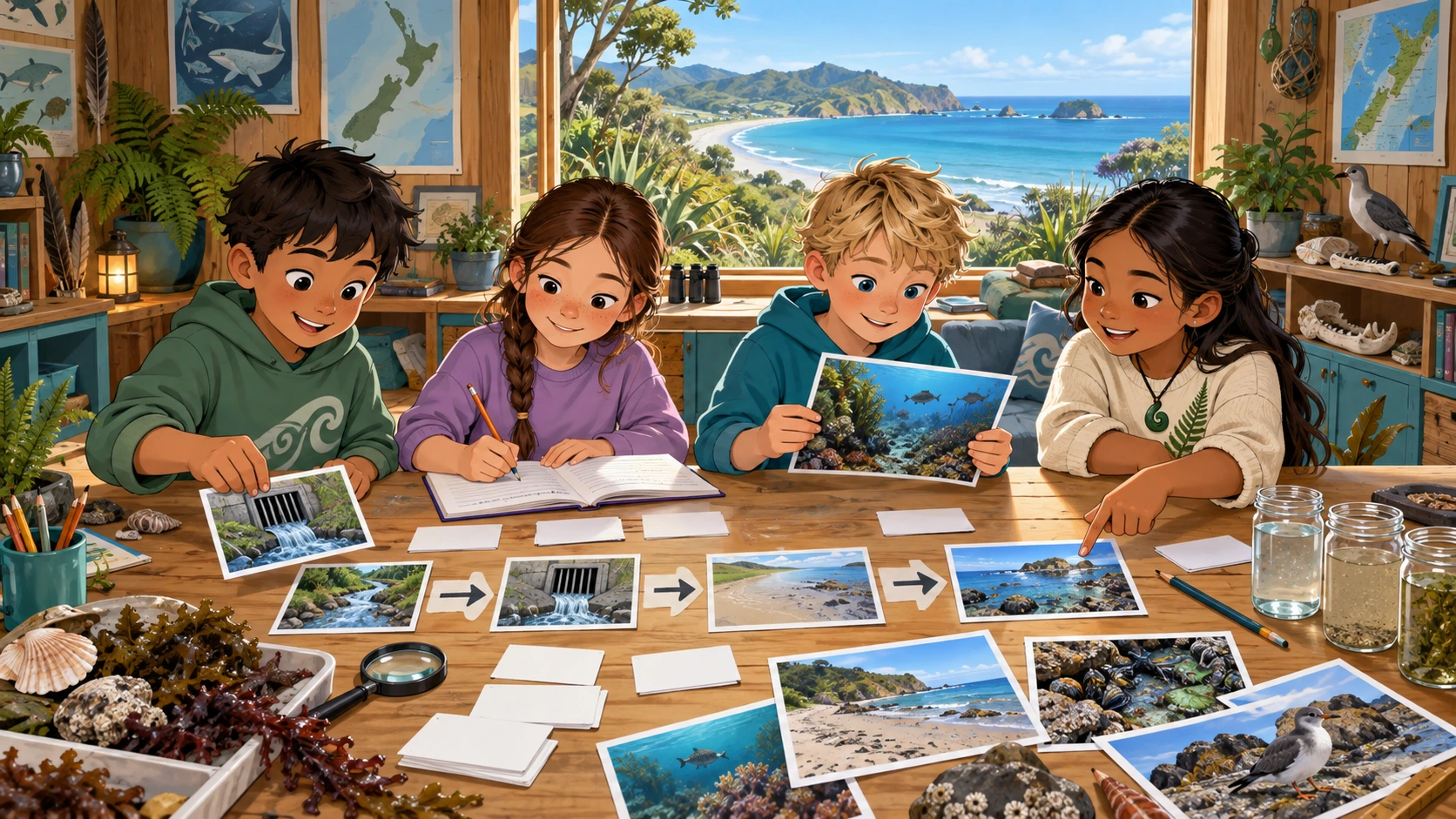 Year 4 learners organising evidence and writing a cause-and-effect explanation about protecting the moana.