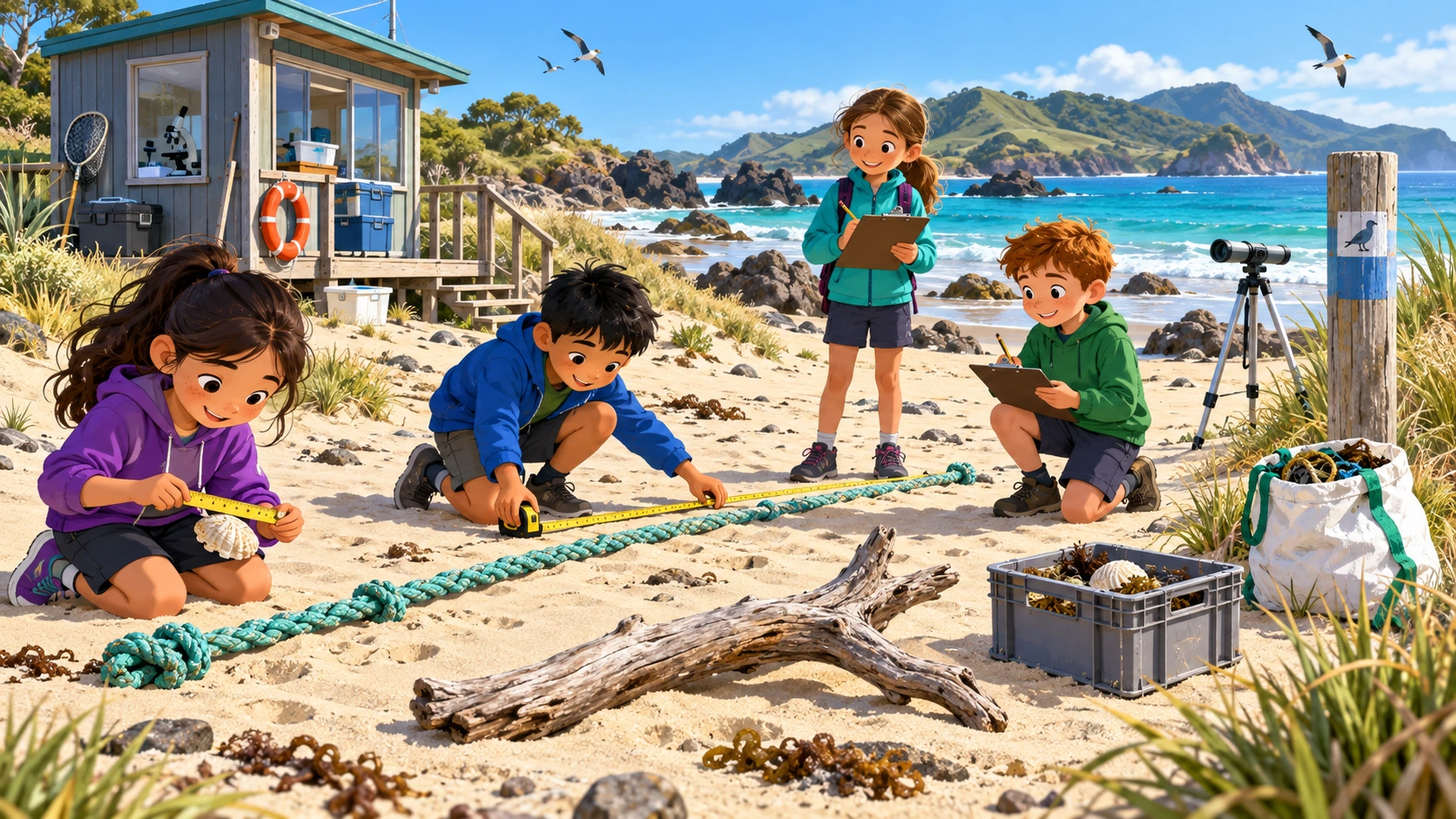 Year 4 learners measuring coastal research equipment using metres and centimetres.