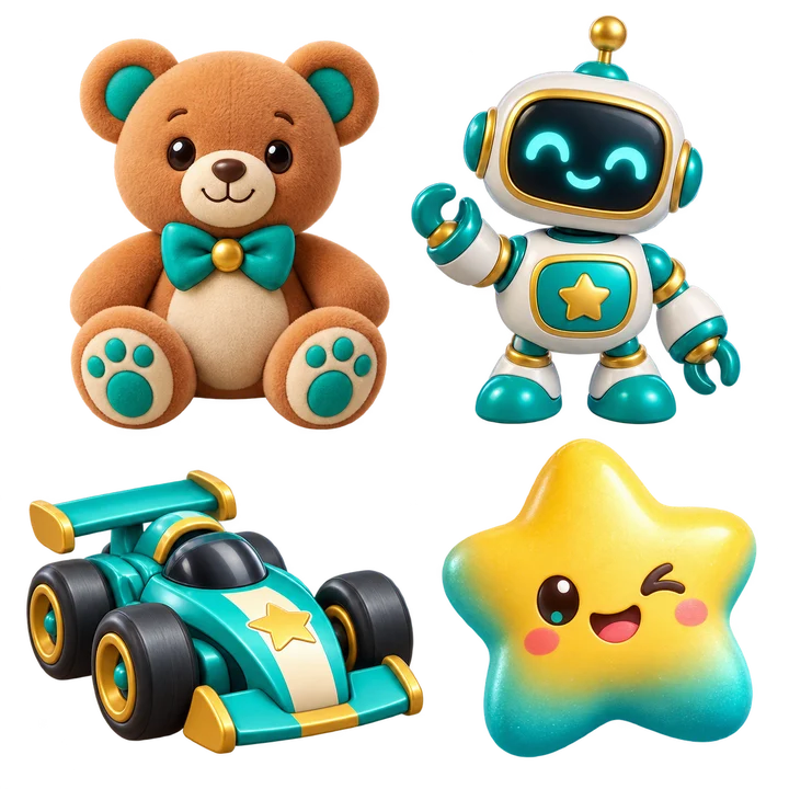 Four Toy Lab categories: figure, robot, vehicle and squishy