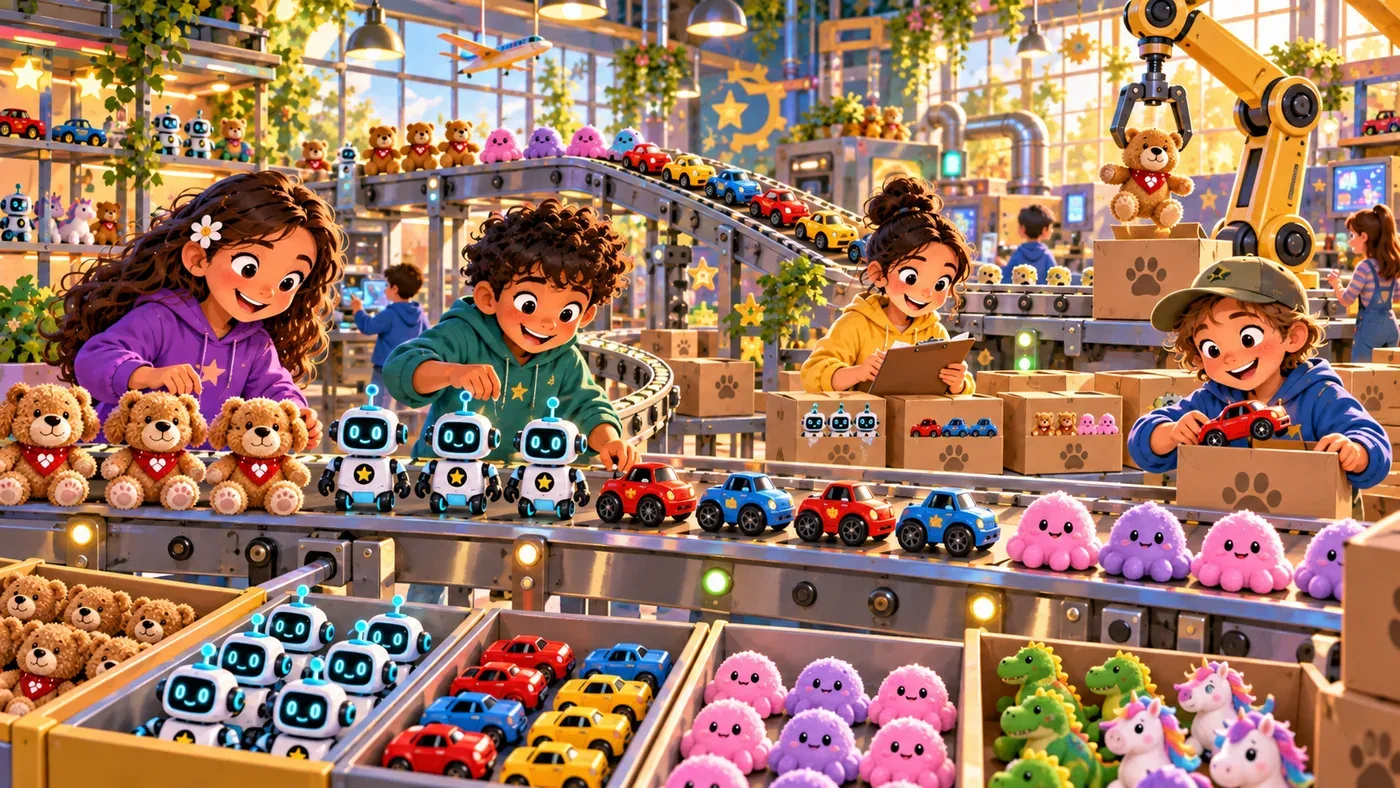 A colourful Toy Lab production line filled with repeated toy groups and growing patterns.
