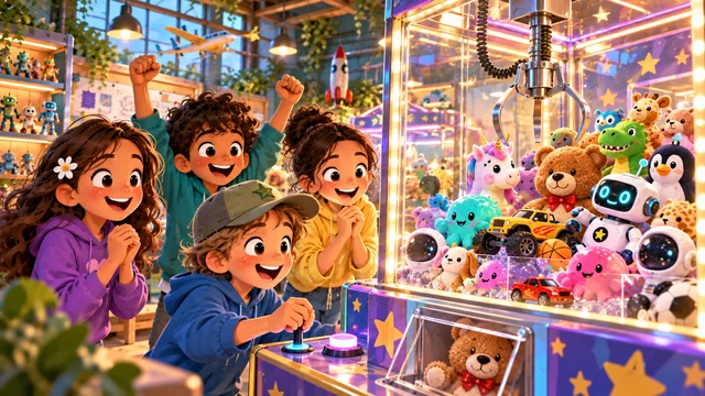 Year 4 learners playing a bright claw machine filled with Toy Lab prizes.
