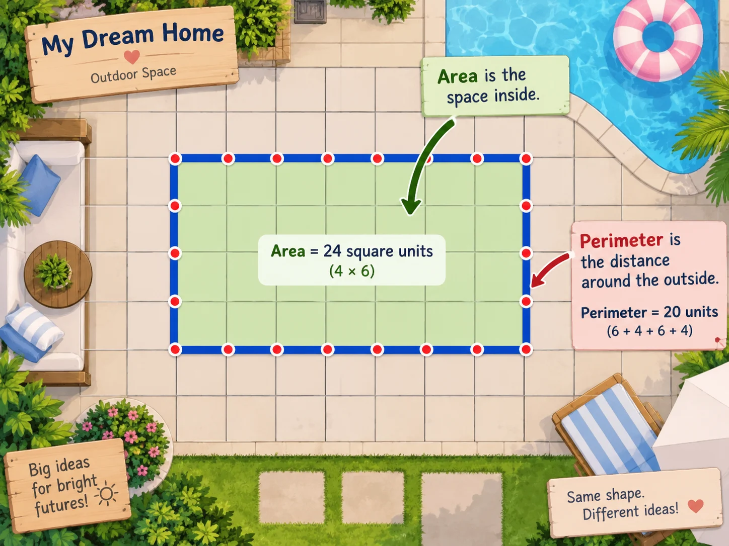 A 6 metre by 4 metre outdoor space showing area inside and perimeter around the edge.