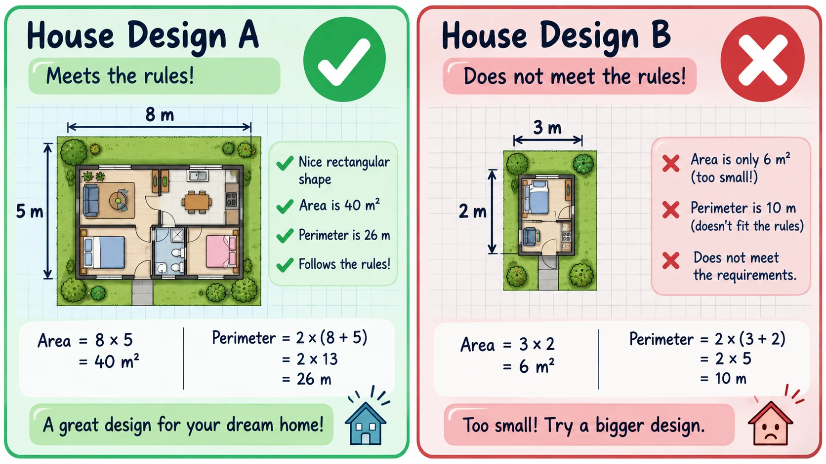 House Design A meets both maths rules while House Design B does not.