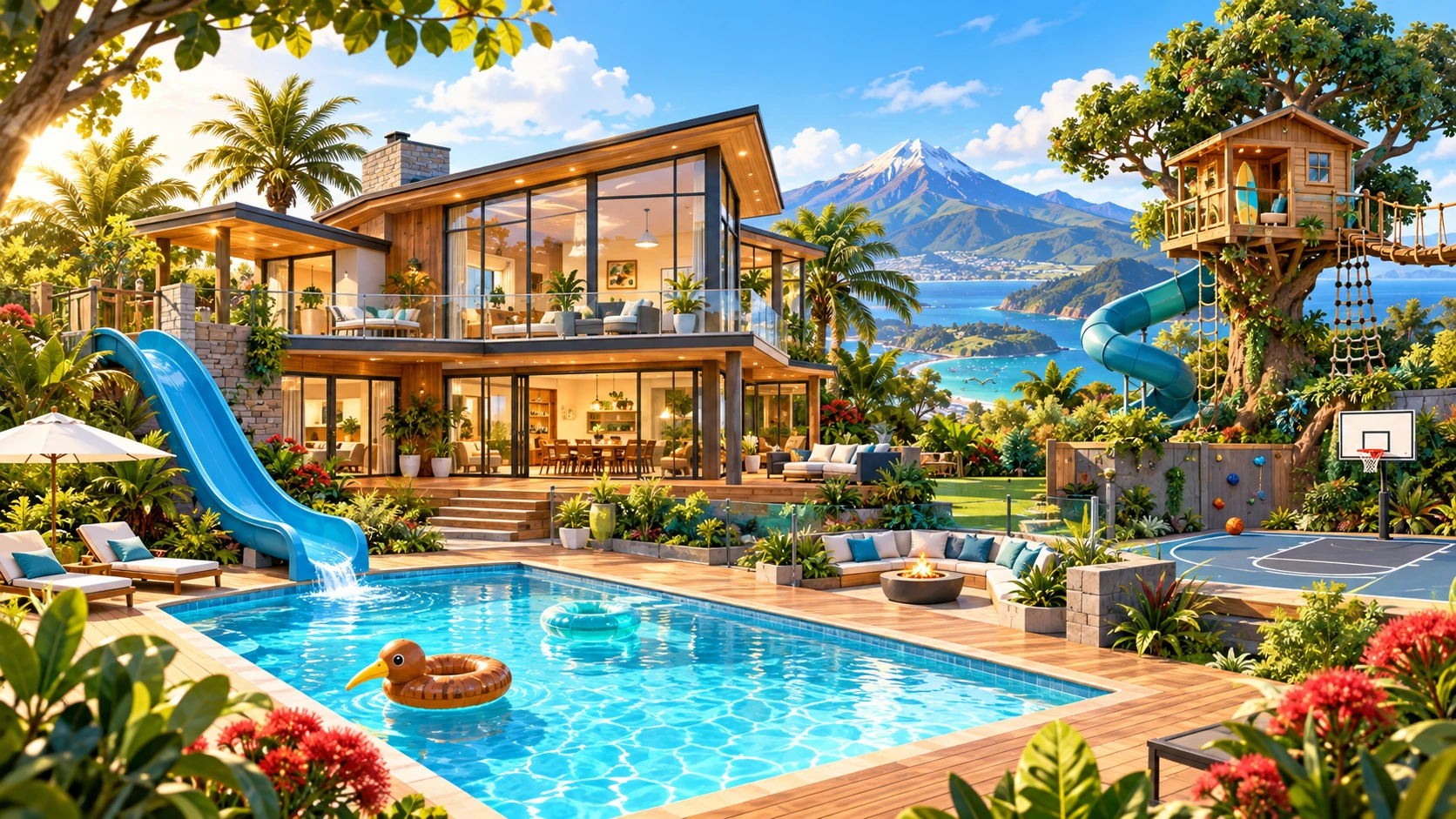 Bright dream home with a pool, slide, treehouse and basketball court in an Aotearoa-inspired setting
