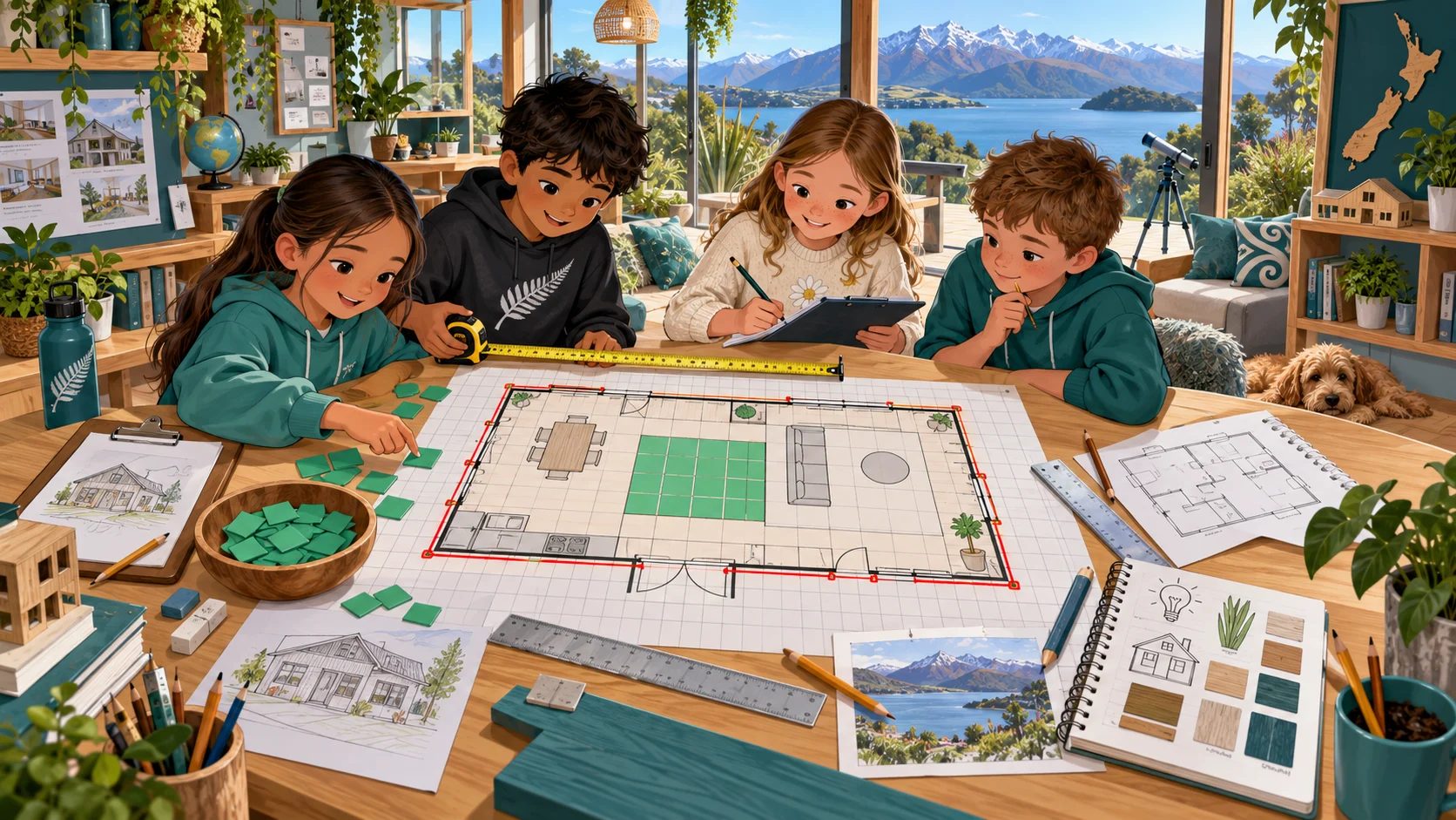 Children using grids, rulers and floor plans to explore area and perimeter in a dream-home maths studio.
