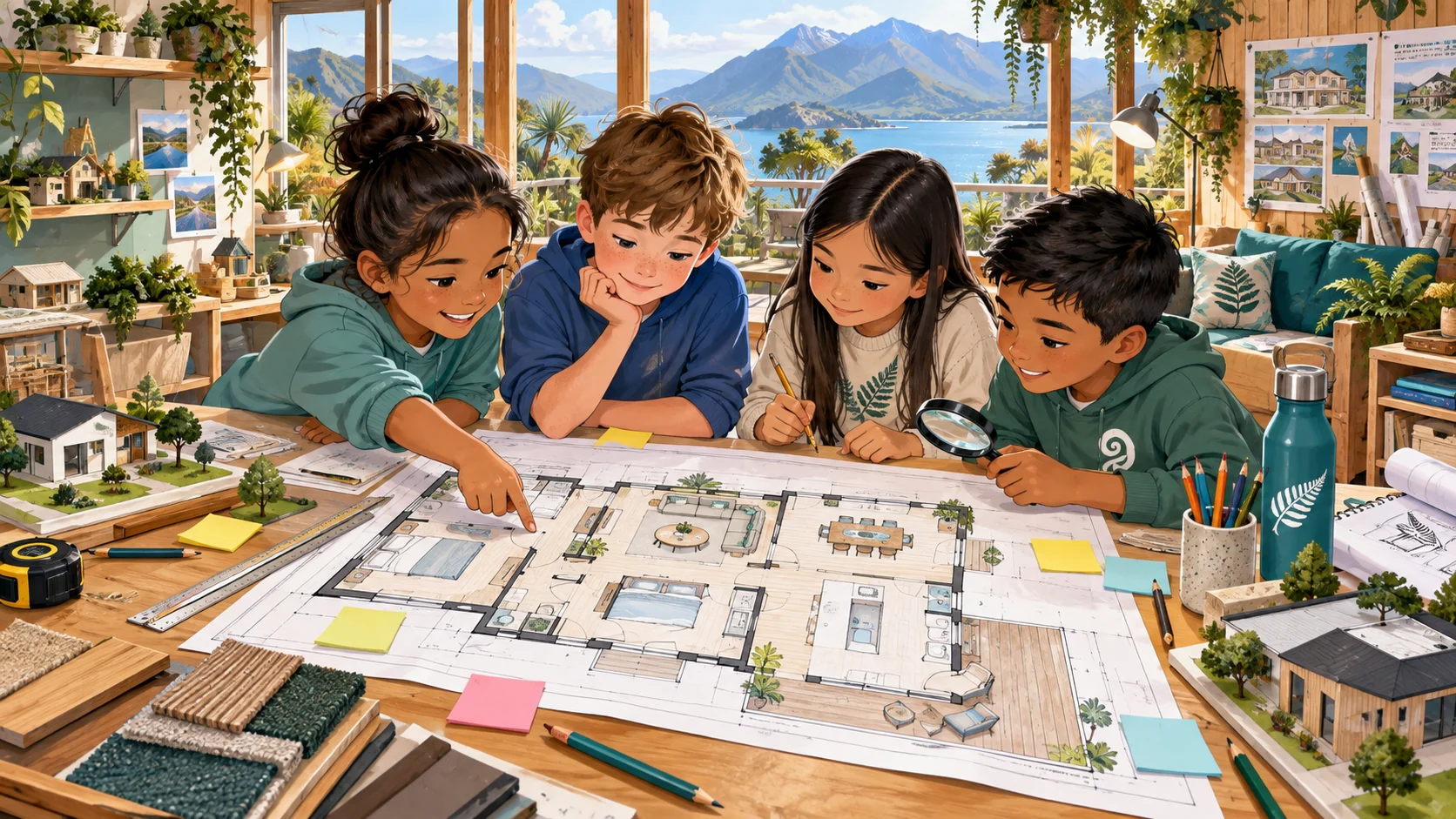 Children studying a large dream-home blueprint together in a bright Aotearoa-inspired design studio.