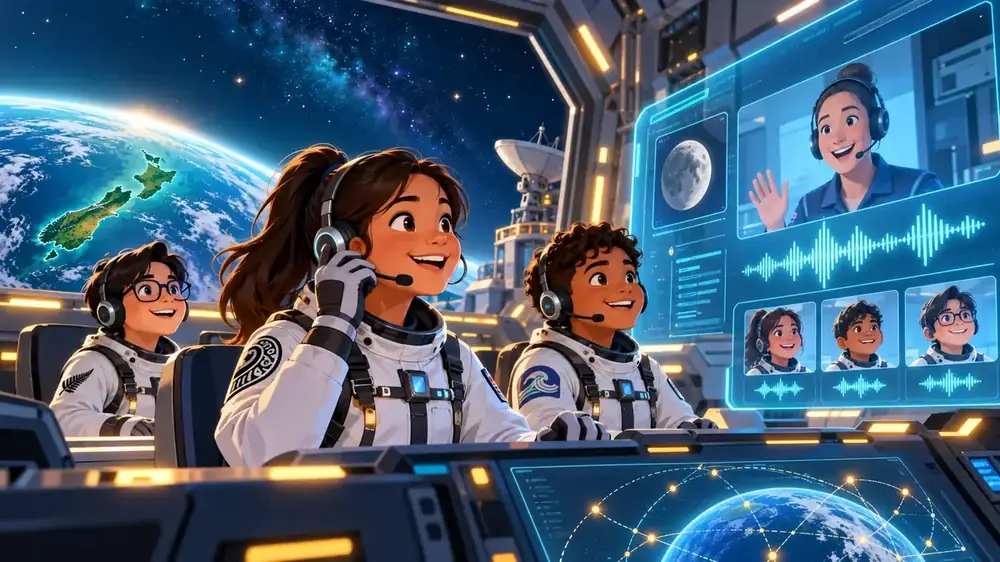 Young space crew members using a Mission Control communications console to repair dialogue punctuation.