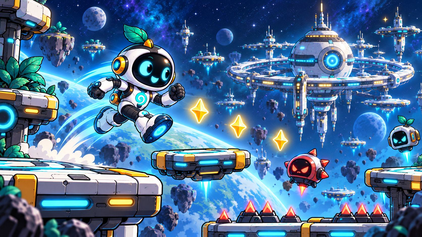 Koru running and jumping through a colourful futuristic space station platform adventure.