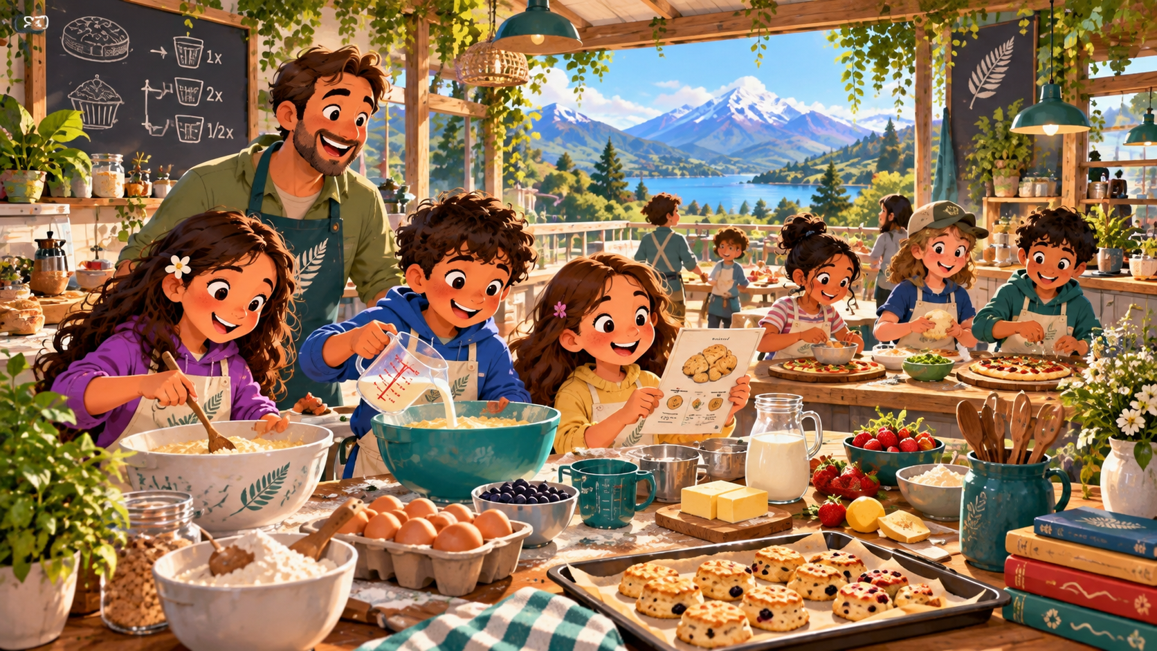 Children measuring, mixing and scaling recipes together in a warm Aotearoa-inspired kitchen