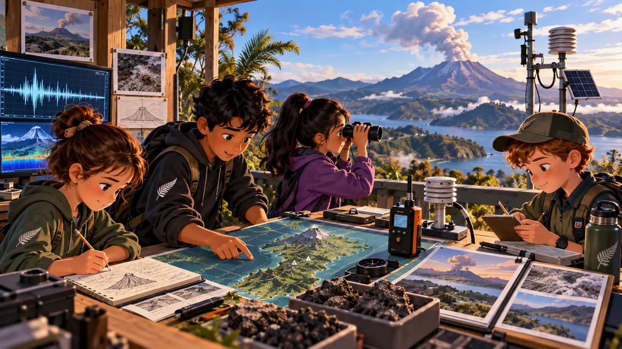 Young investigators observing a fictional Aotearoa volcano from a safe monitoring station using scientific equipment.