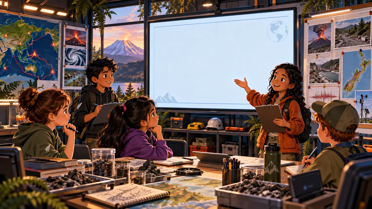 Young Disaster Detectives preparing a data briefing in a natural-hazards command room.