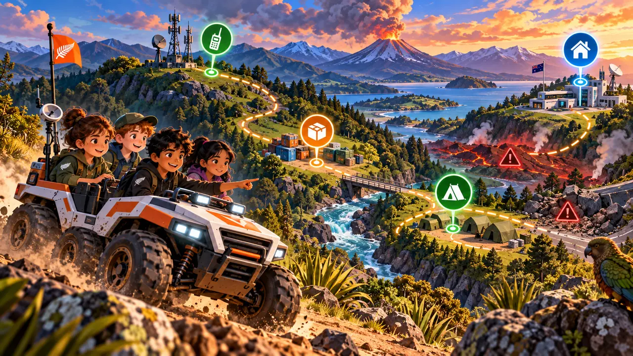 Young Disaster Detectives coordinating a safe natural-hazard response using a rover, radio, supplies and a community refuge map.