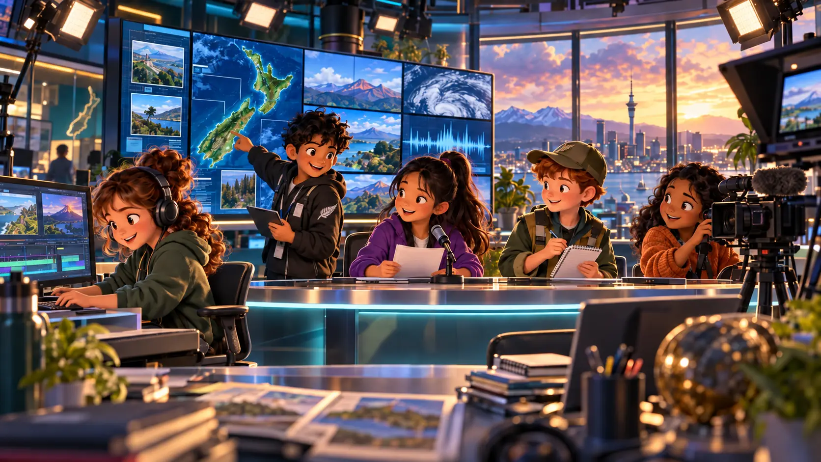 Year 4 reporters working together in the Newsroom: You’re the Reporter studio