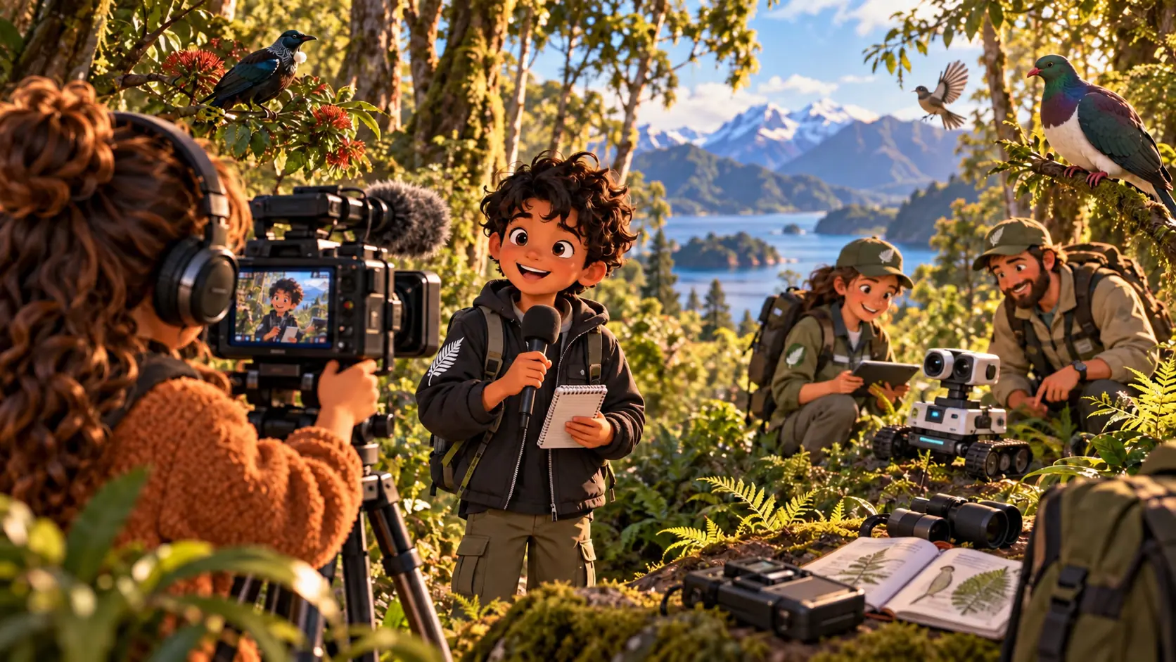 A junior reporter filming a conservation field report with rangers, a camera robot and native birds in an Aotearoa forest.