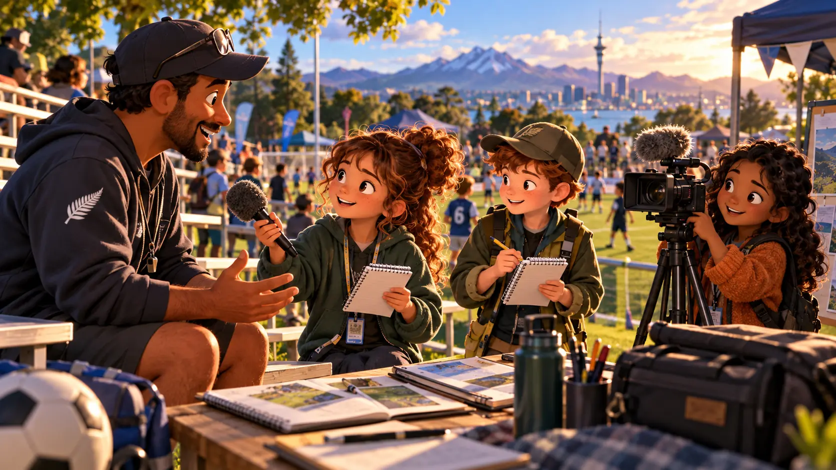 Junior reporters interviewing a community member, taking notes and filming at a local Aotearoa sports event.