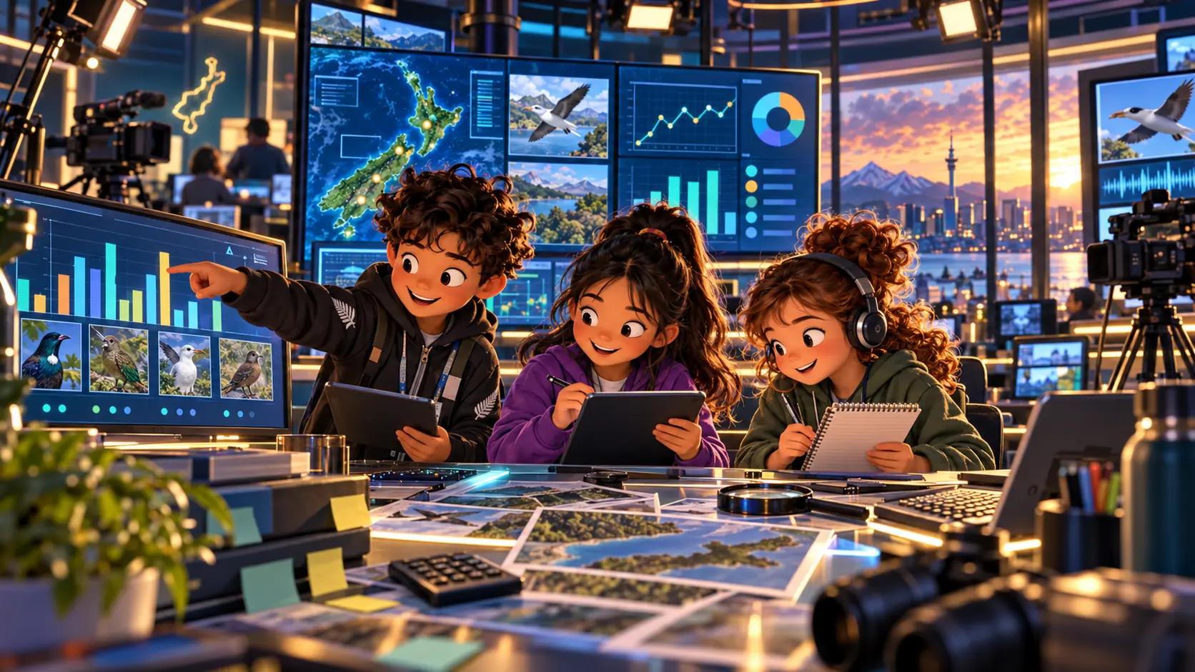 Young newsroom fact-checkers comparing charts, bird data and notes at a glowing data desk.