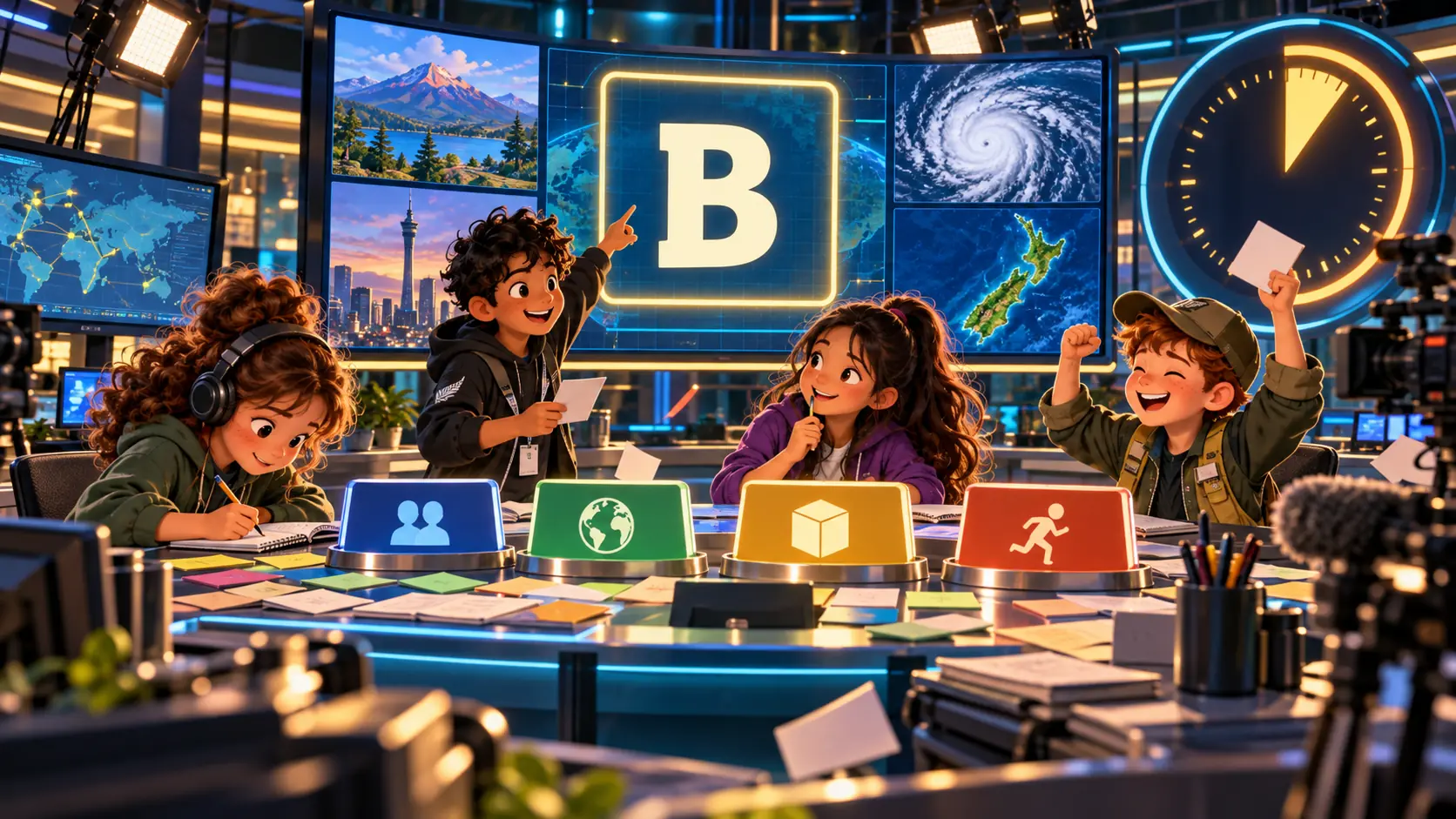 Young reporters racing against the clock in a fast-paced newsroom word game with a large letter display.