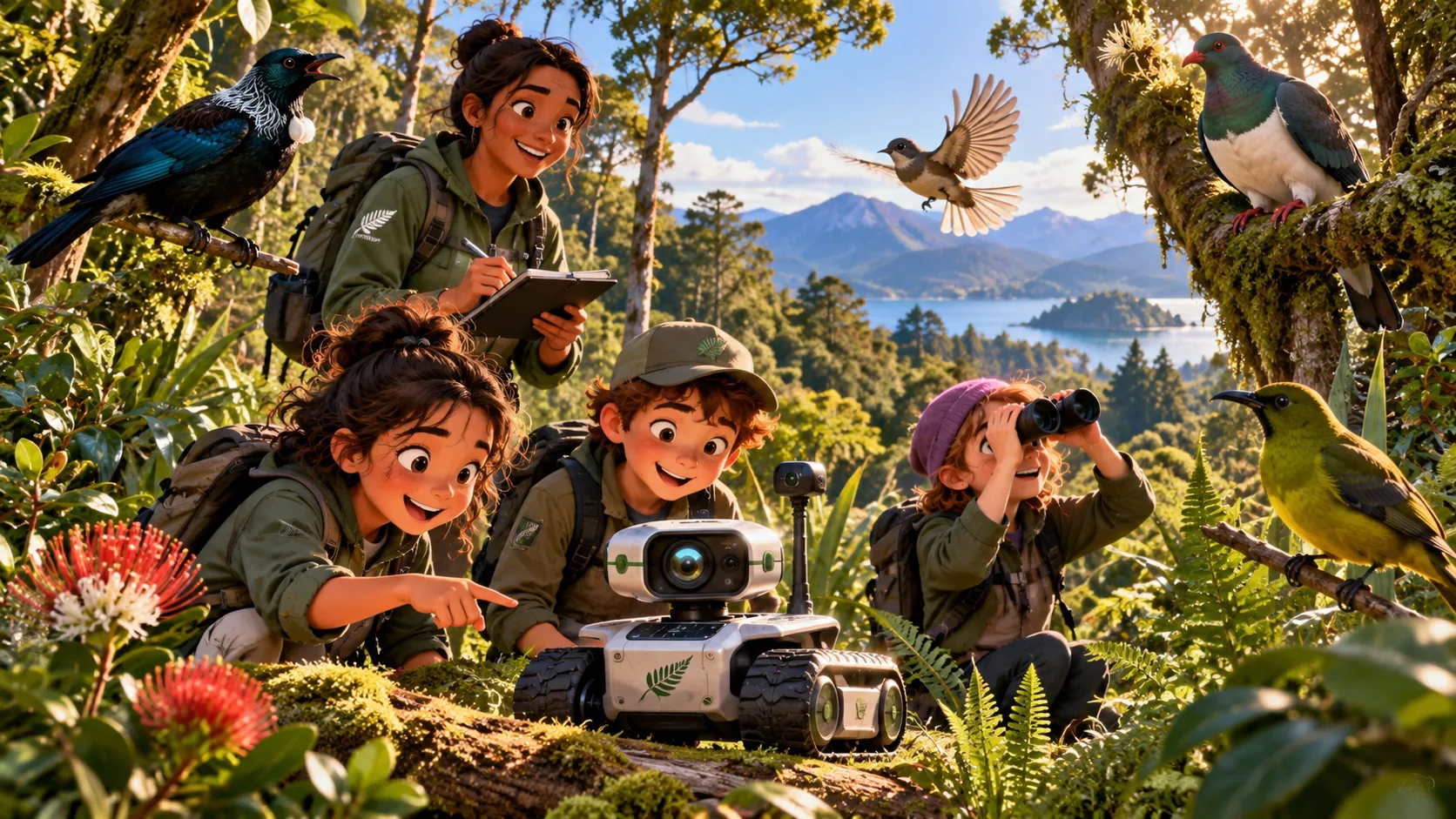 Conservation rangers and young observers using a camera robot to monitor native birds in an Aotearoa forest reserve.