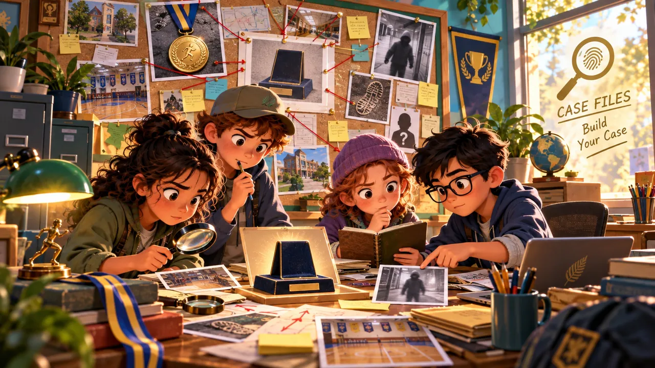 Year 4 school detectives investigating the Case of the Missing Medal inside their detective headquarters
