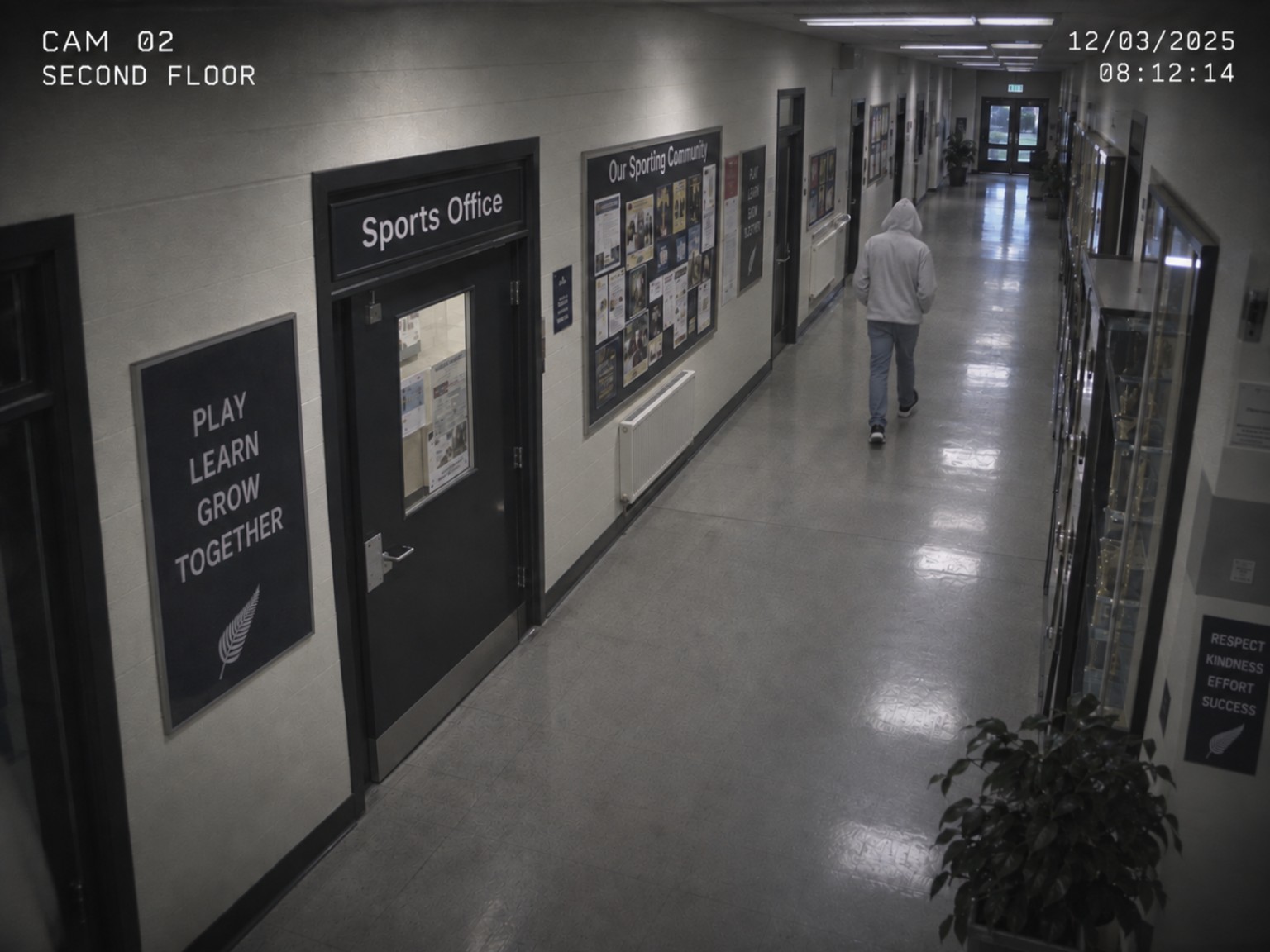 Black-and-white CCTV still from Camera 02 showing a hooded person walking along the second-floor corridor beside the Sports Office at 08:12:14.