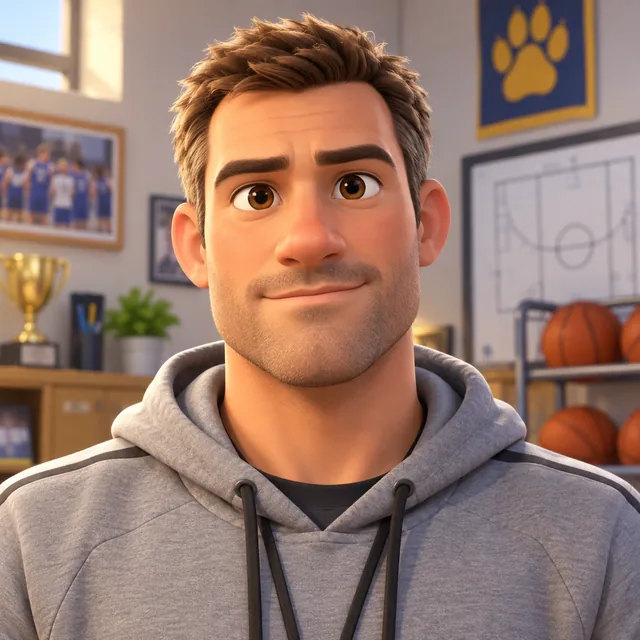 Adult basketball coach in a gray sports hoodie.
