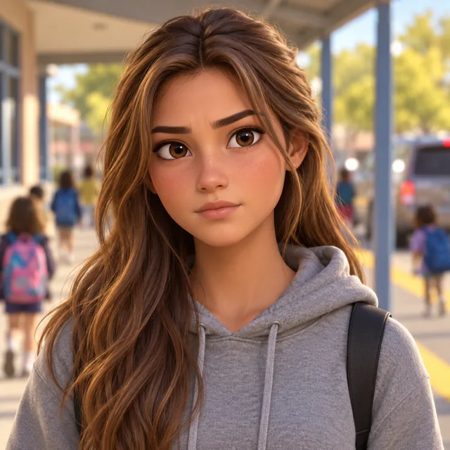 Older sister with long hair wearing a gray hoodie.