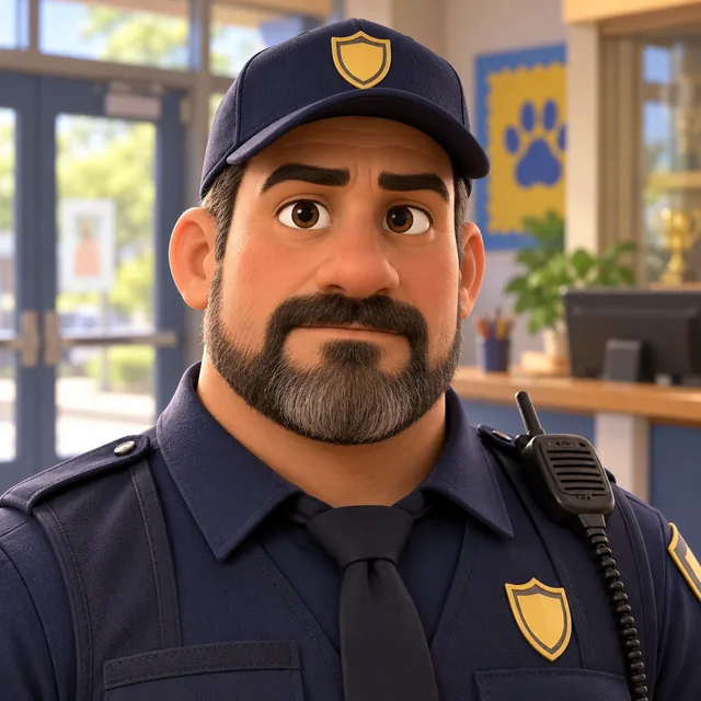 Adult school security guard in a navy uniform.